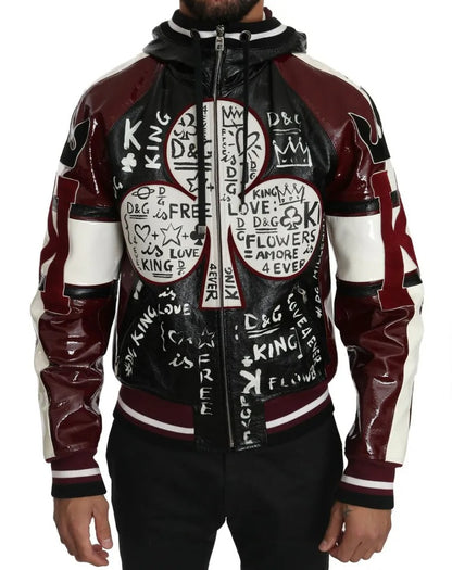 Dolce &amp; Gabbana – DG King of Love – Schwarze, bordeauxrote Lederjacke mit Kapuze