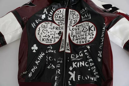 Dolce &amp; Gabbana – DG King of Love – Schwarze, bordeauxrote Lederjacke mit Kapuze