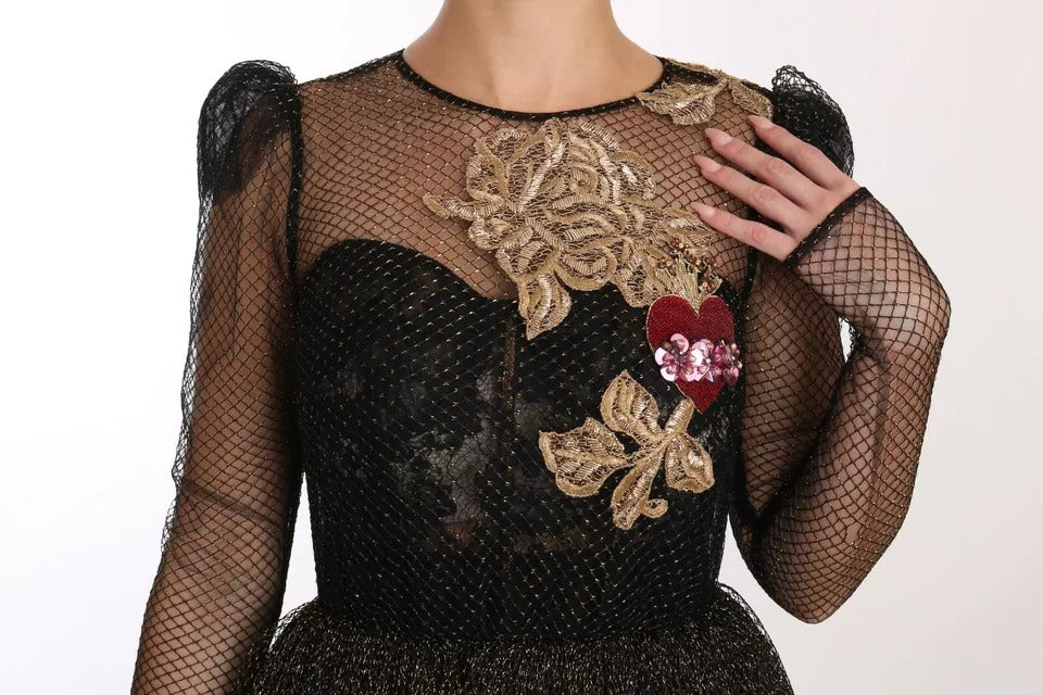 Dolce &amp; Gabbana Schwarzes A-Linien-Kleid mit Kristallherzen und Gold