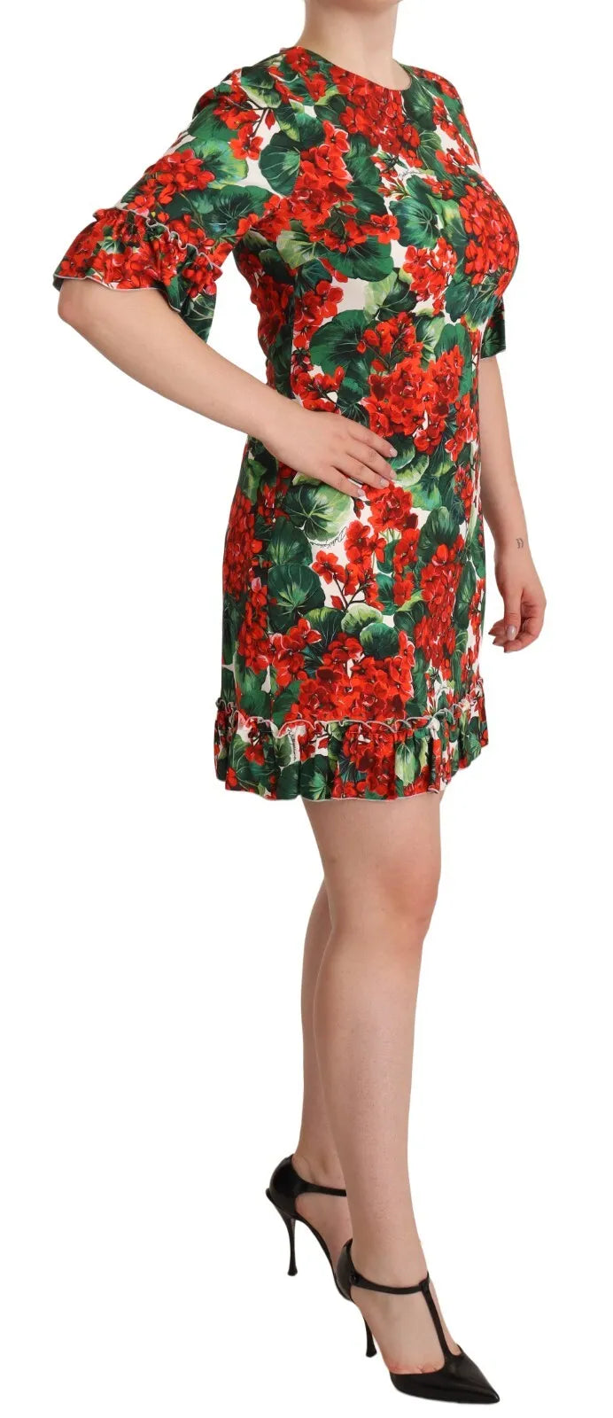 Dolce &amp; Gabbana Rot-Grünes Midikleid aus Popeline mit Portofino-Print