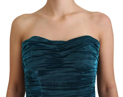 Dolce & Gabbana Silk Blend Blue Satin Fitted Strapless Dress