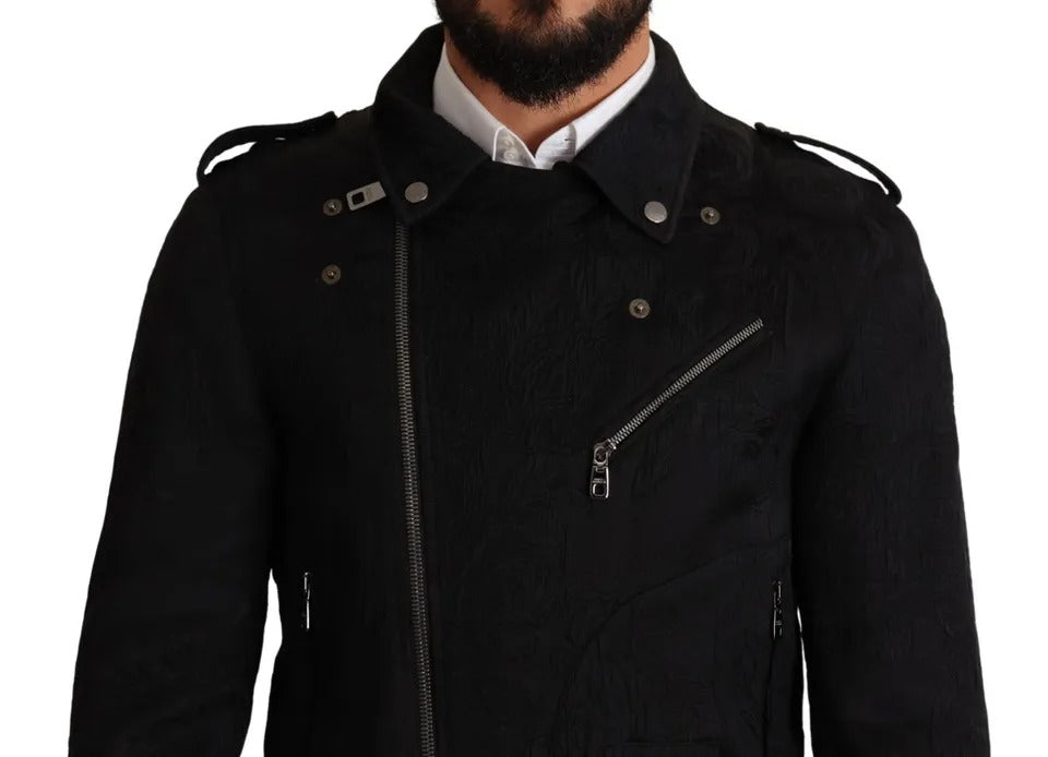 Dolce &amp; Gabbana – Schwarze Bikerjacke aus Brokat mit durchgehendem Reißverschluss