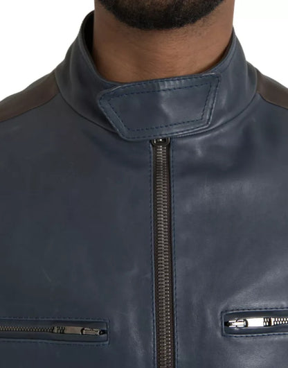 Dolce & Gabbana Blue Leather Full Zip Biker Blouson Jacket