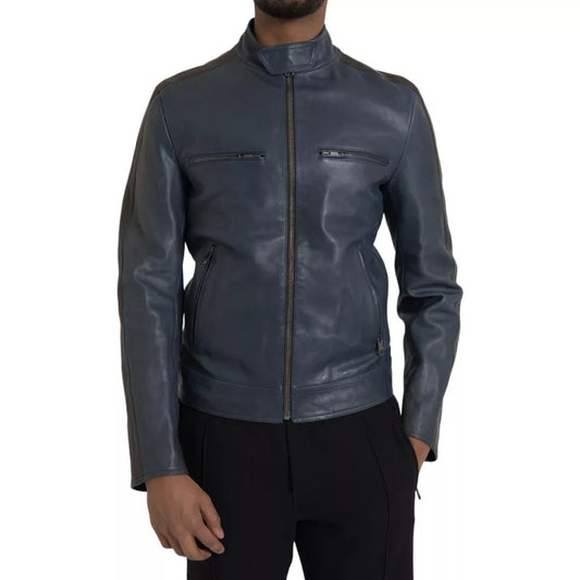 Dolce &amp; Gabbana – Biker-Blousonjacke aus blauem Leder mit durchgehendem Reißverschluss