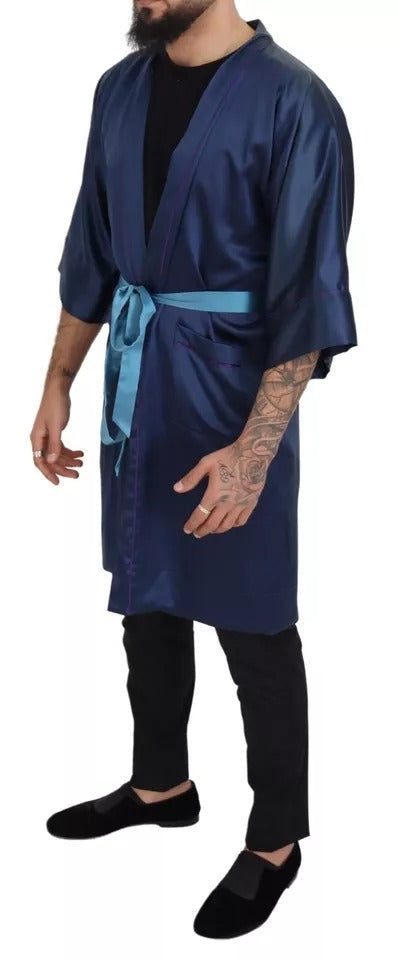 Dolce &amp; Gabbana – Robe mit Taillengürtel aus blauer Satinseide