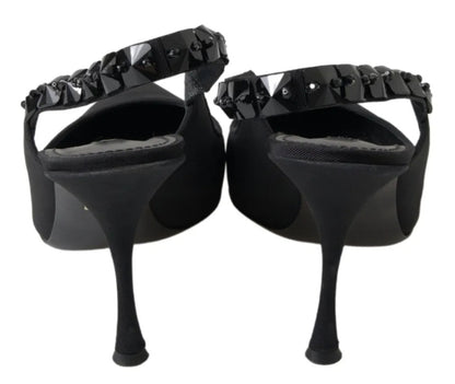 Dolce &amp; Gabbana – Schwarze Slingback-Schuhe aus Charmeuse mit Verzierung