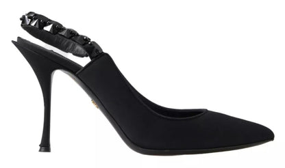 Dolce &amp; Gabbana – Schwarze Slingback-Schuhe aus Charmeuse mit Verzierung