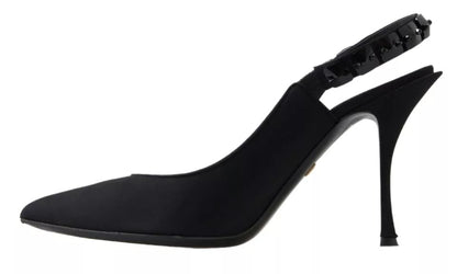 Dolce &amp; Gabbana – Schwarze Slingback-Schuhe aus Charmeuse mit Verzierung