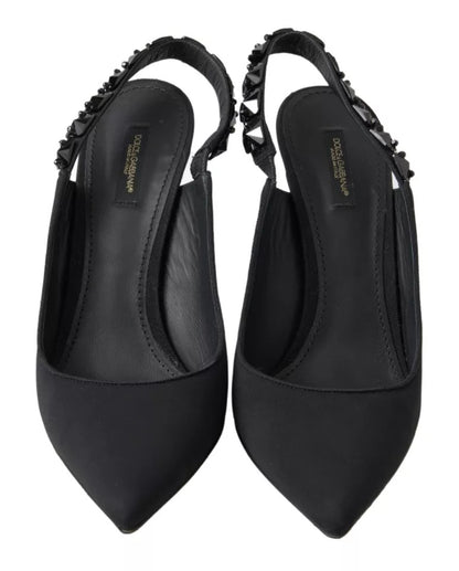 Dolce &amp; Gabbana – Schwarze Slingback-Schuhe aus Charmeuse mit Verzierung