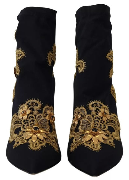 Dolce &amp; Gabbana – Slipper-Stiefel mit schwarzer Goldstickerei