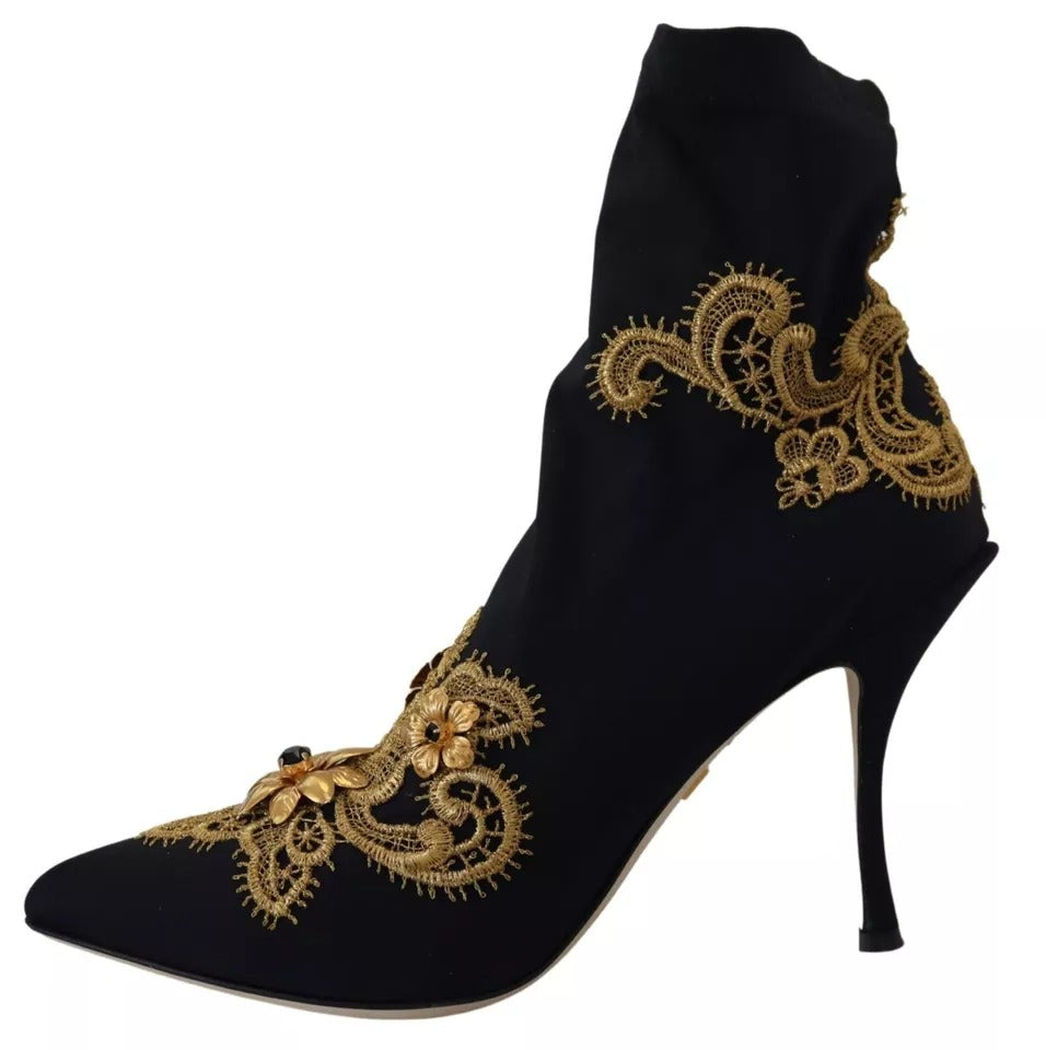 Dolce &amp; Gabbana – Slipper-Stiefel mit schwarzer Goldstickerei