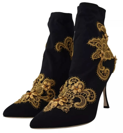 Dolce &amp; Gabbana – Slipper-Stiefel mit schwarzer Goldstickerei