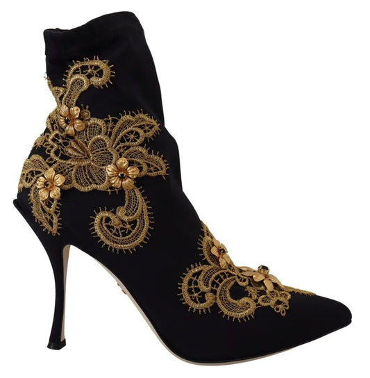 Dolce &amp; Gabbana – Slipper-Stiefel mit schwarzer Goldstickerei