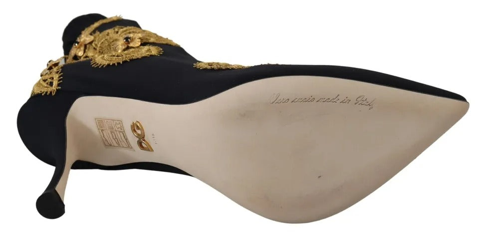 Dolce &amp; Gabbana – Slipper-Stiefel mit schwarzer Goldstickerei