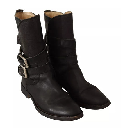 Dolce &amp; Gabbana – Wadenhohe Stiefel mit Schnalle aus schwarzem Leder