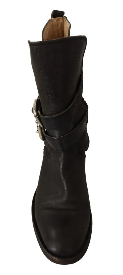 Dolce & Gabbana Black Leather Buckle Mid Calf Boots Shoes