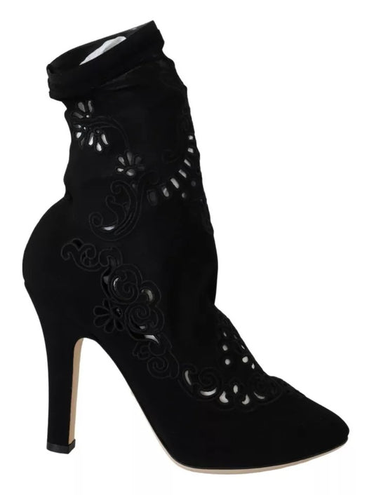 Dolce &amp; Gabbana Schwarze Stretch-Pumps-Stiefel mit floraler Spitze