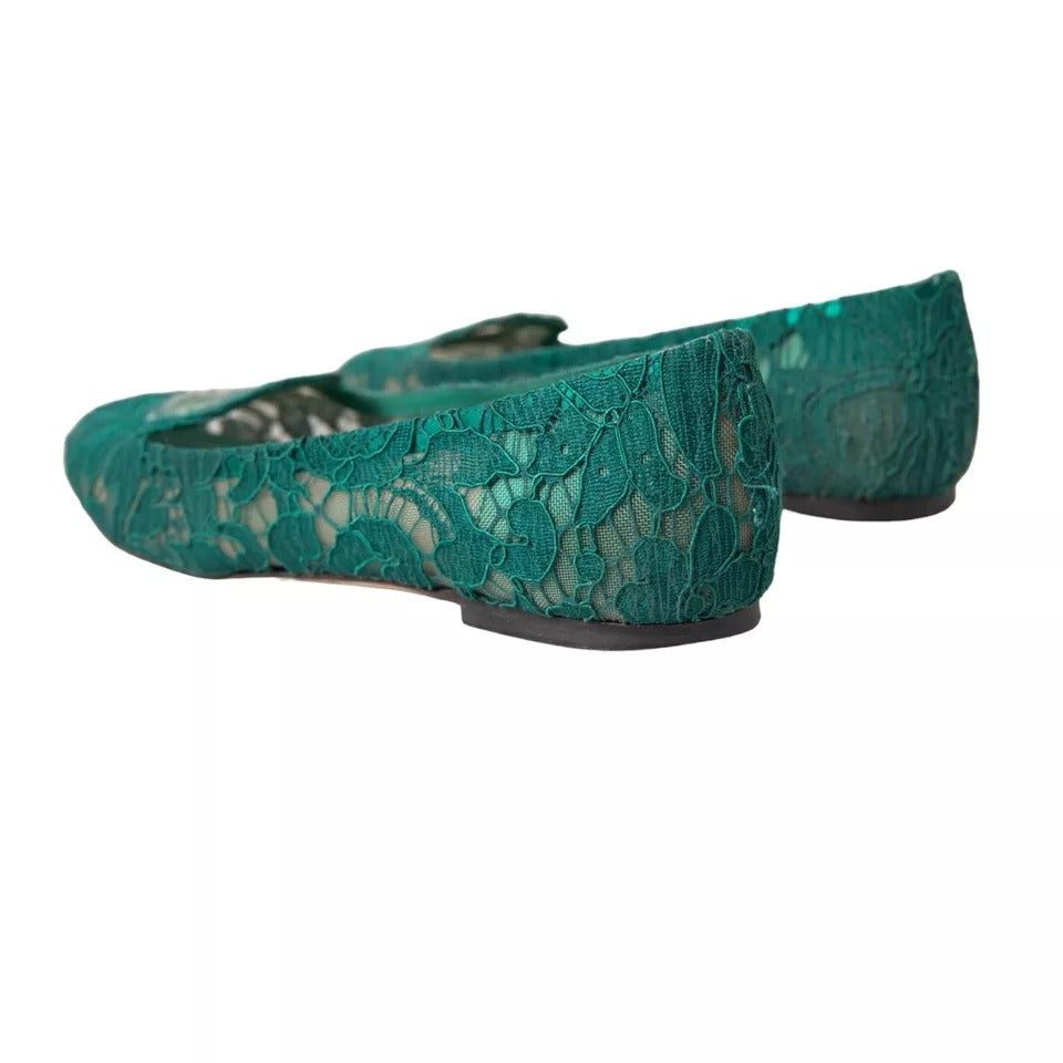 Dolce & Gabbana Green Taormina Lace Slip On Flats Shoes