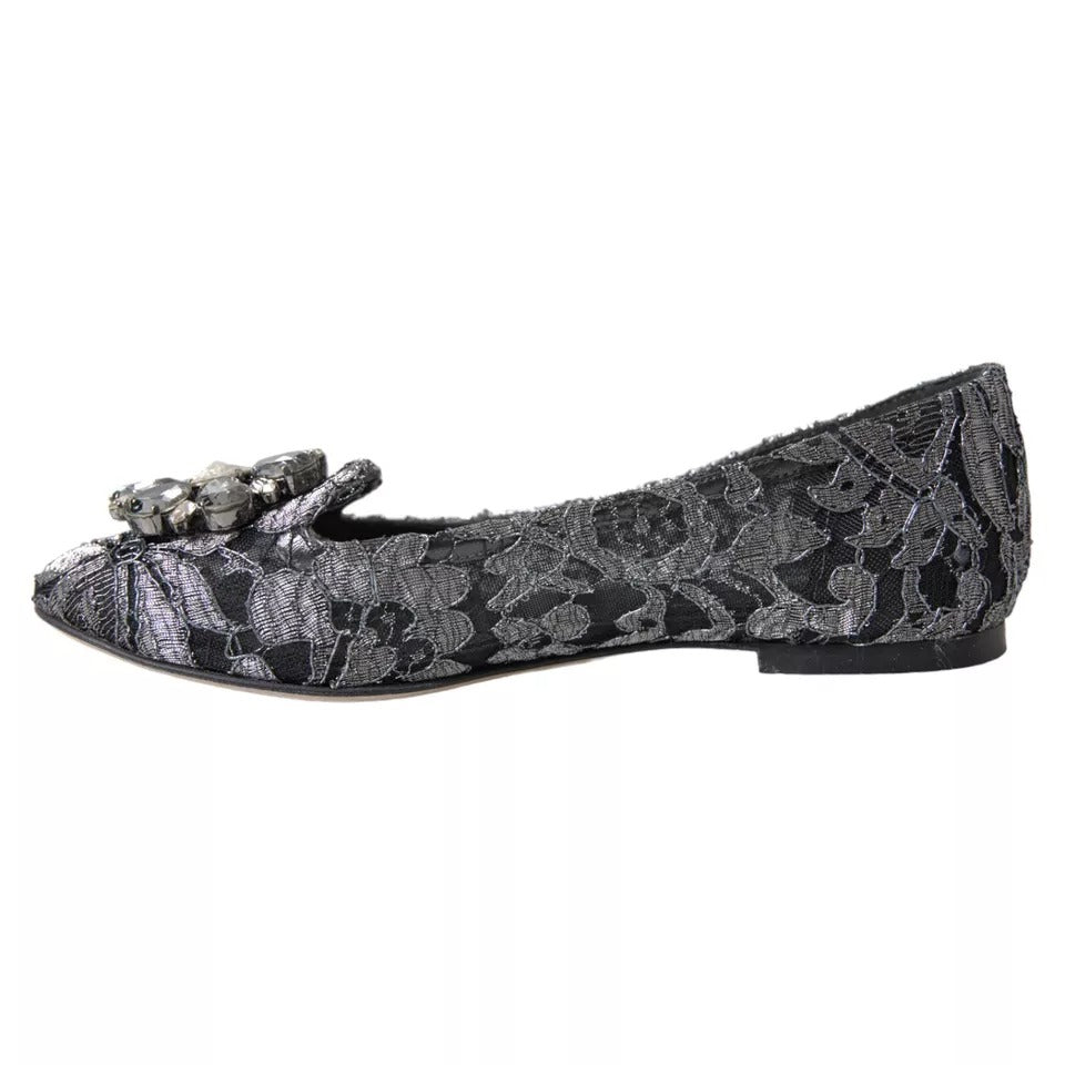 Dolce &amp; Gabbana Graue und schwarze Ballerinas mit Kristallen aus Spitze