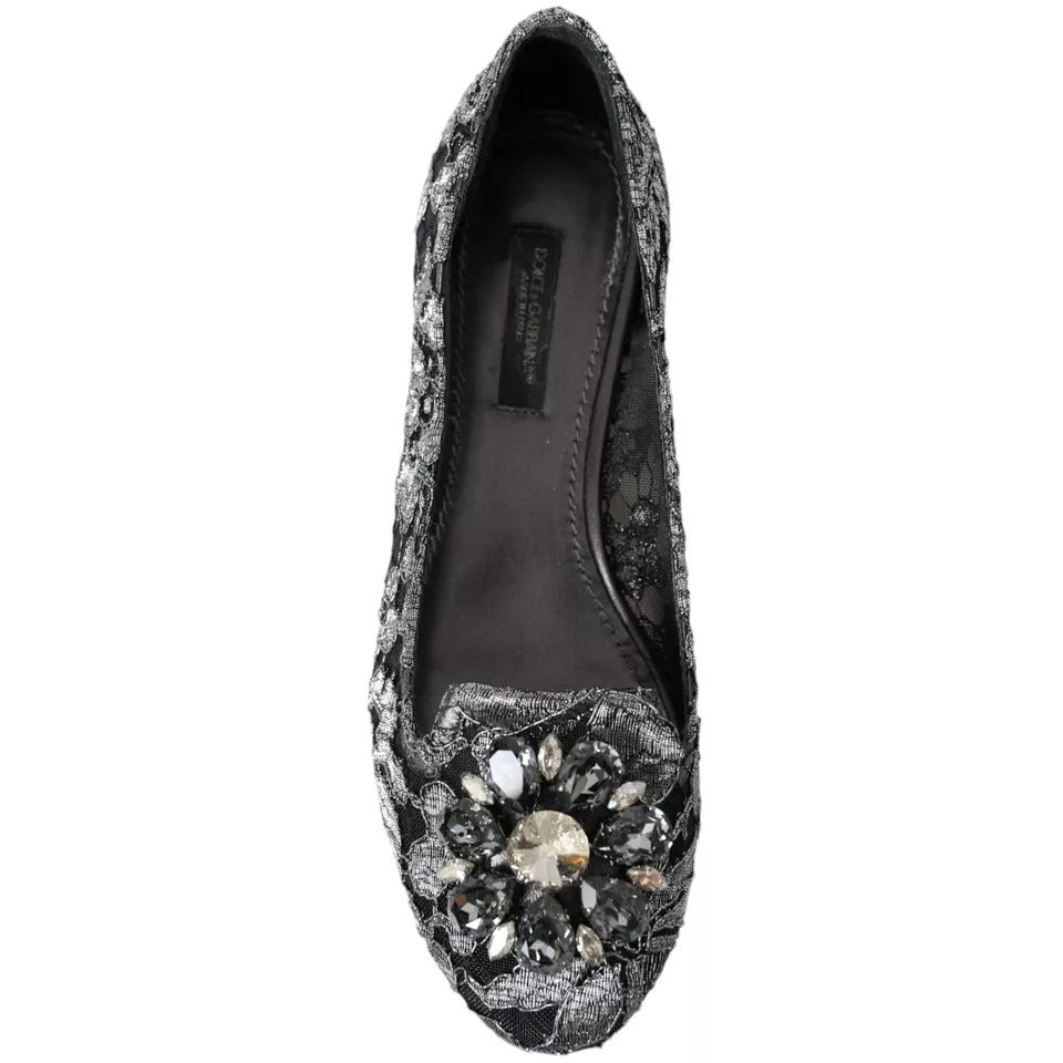 Dolce &amp; Gabbana Graue und schwarze Ballerinas mit Kristallen aus Spitze