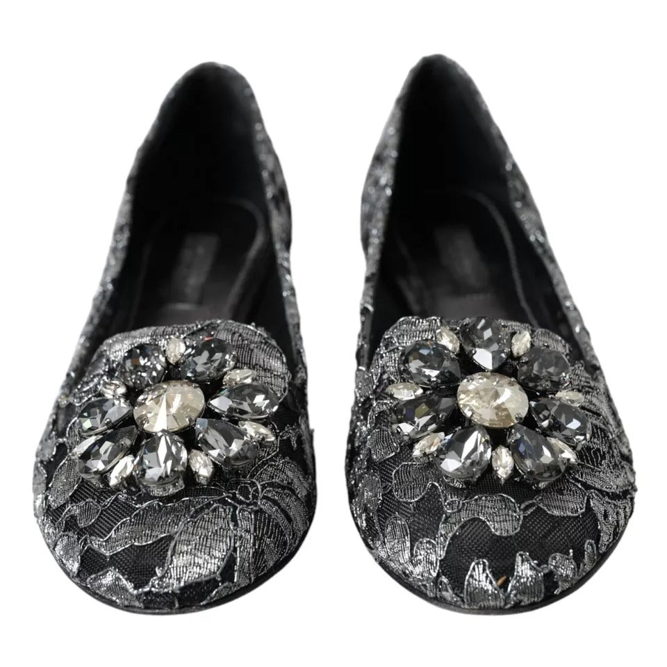 Dolce &amp; Gabbana Graue und schwarze Ballerinas mit Kristallen aus Spitze