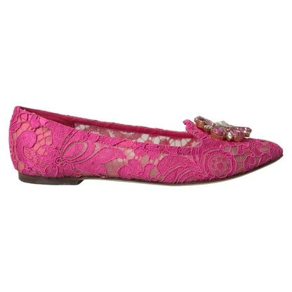 Dolce & Gabbana Pink Lace Crystal Ballet Loafers Shoes