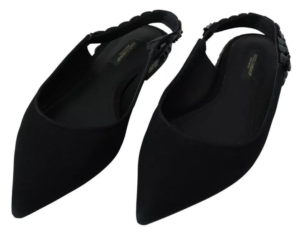 Dolce &amp; Gabbana – Schwarze flache Schuhe mit Slingback-Charmeuse und Kristallen