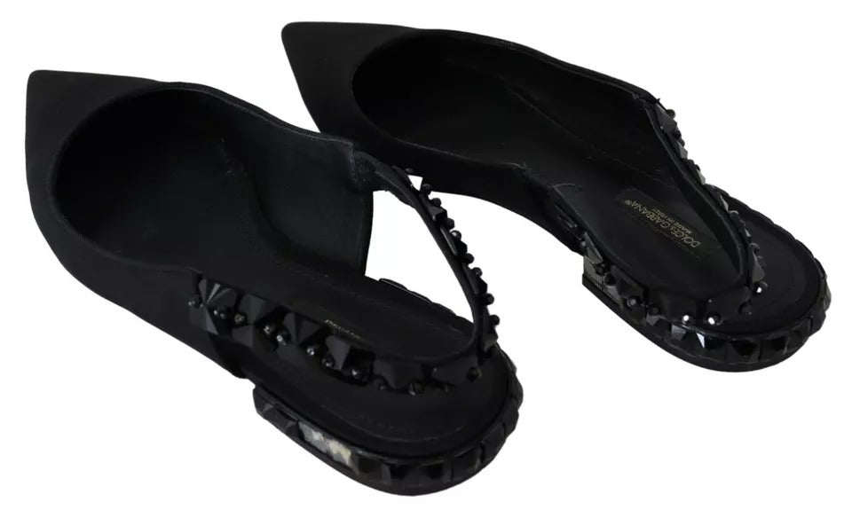 Dolce &amp; Gabbana – Schwarze flache Schuhe mit Slingback-Charmeuse und Kristallen