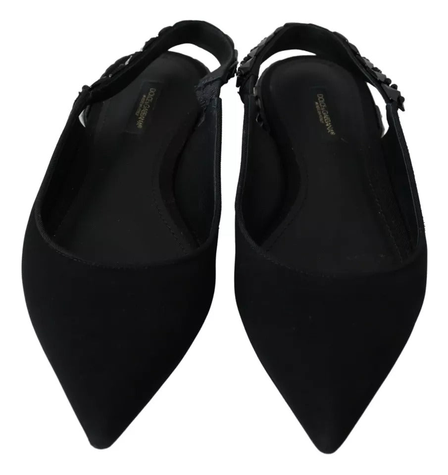 Dolce &amp; Gabbana – Schwarze flache Schuhe mit Slingback-Charmeuse und Kristallen