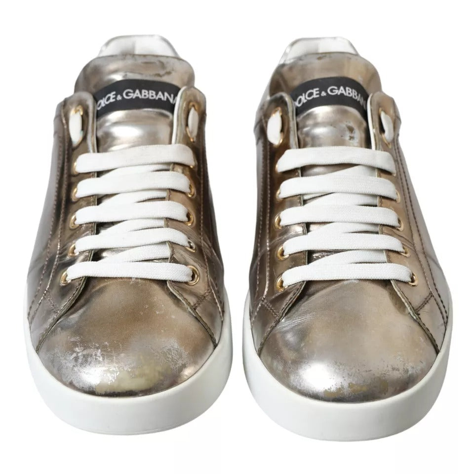 Dolce &amp; Gabbana – Sneaker „Portofino“ aus bronzefarbenem Leder mit Logo