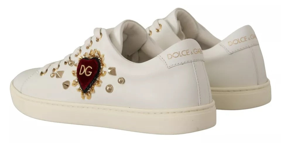 Dolce &amp; Gabbana Weiße Leder Gold Rote Herz Sneakers Schuhe