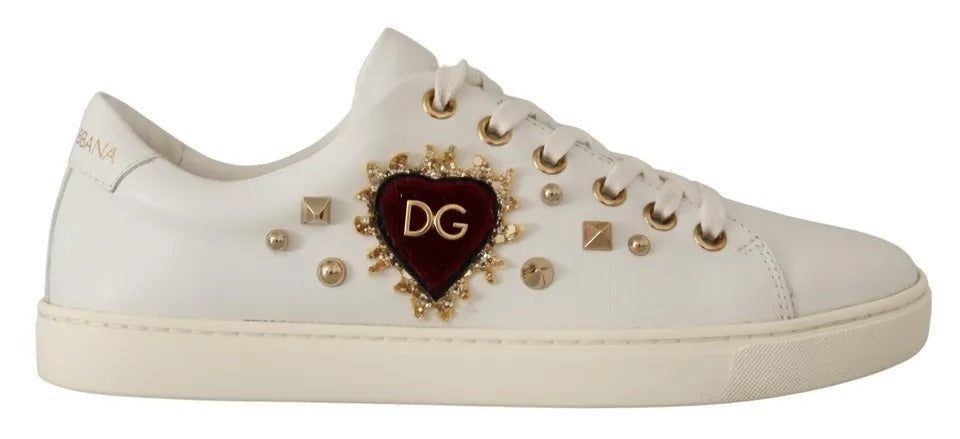 Dolce &amp; Gabbana Weiße Leder Gold Rote Herz Sneakers Schuhe