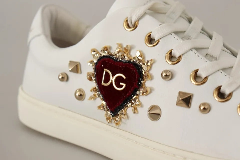 Dolce &amp; Gabbana Weiße Leder Gold Rote Herz Sneakers Schuhe