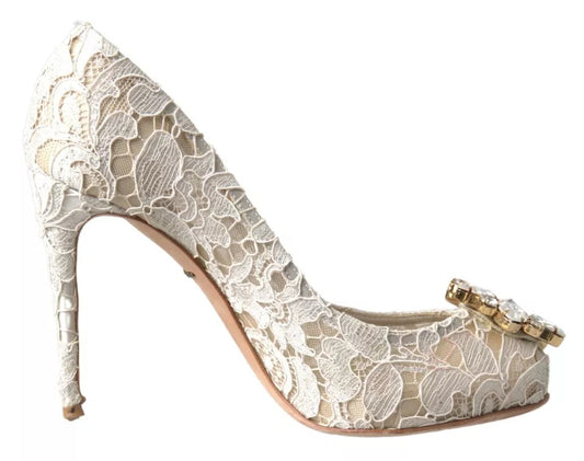 Dolce &amp; Gabbana – Weiße Taormina-Pumps mit Spitzen und Kristallabsatz