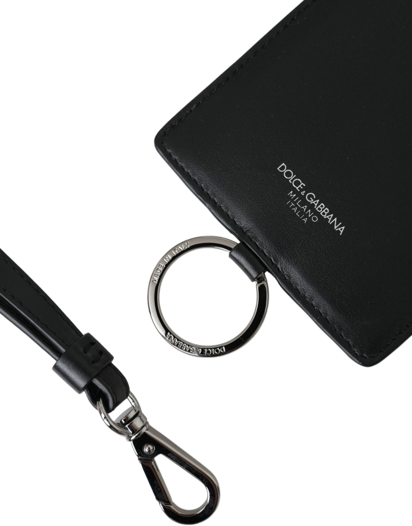 Dolce & Gabbana Black Calf Leather Lanyard Logo Card Holder Men Wallet