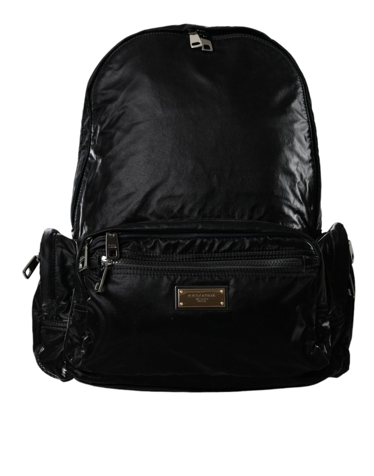 Dolce &amp; Gabbana – Rucksack aus schwarzem Lackleder mit Logo-Schild