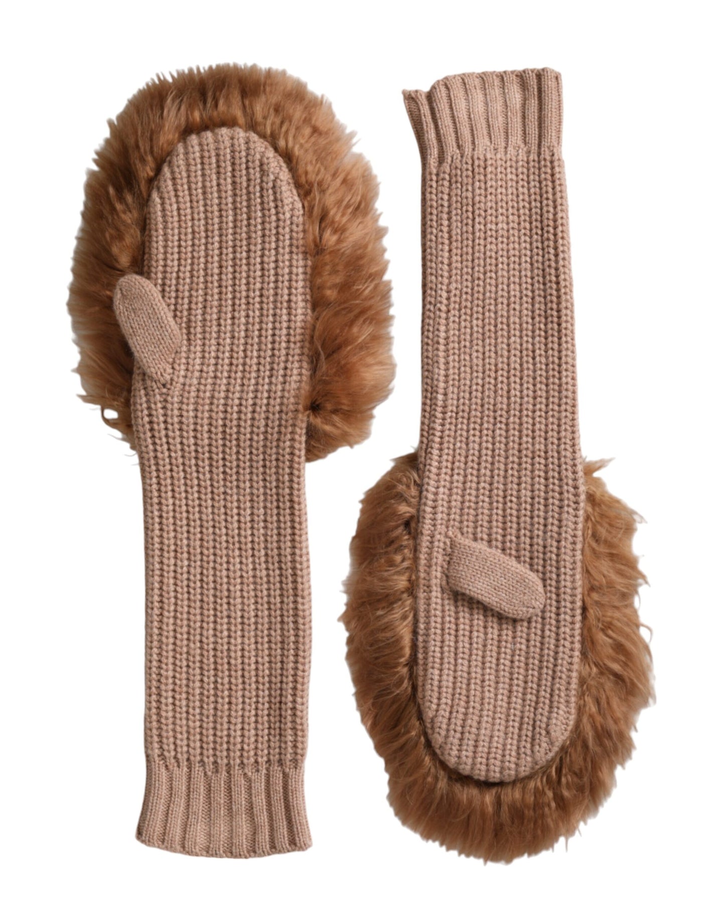 Dolce & Gabbana Brown Cashmere Knitted Fur Mid Arm Mitten Gloves