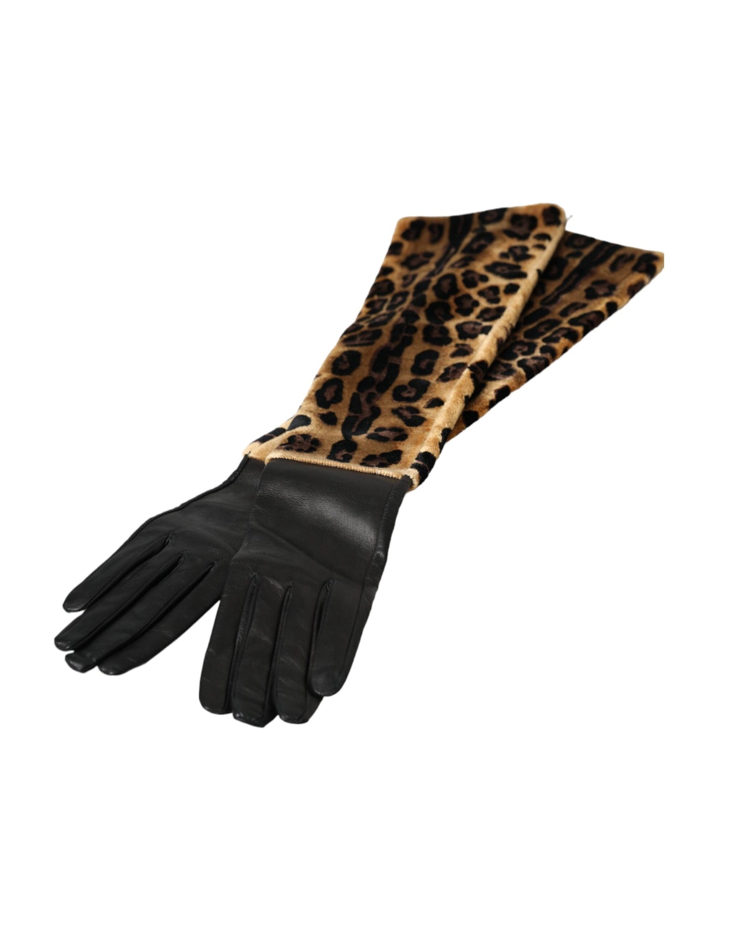 Dolce &amp; Gabbana – Ellenbogenlange Handschuhe aus Leder mit Leopardenmuster in Braun und Schwarz