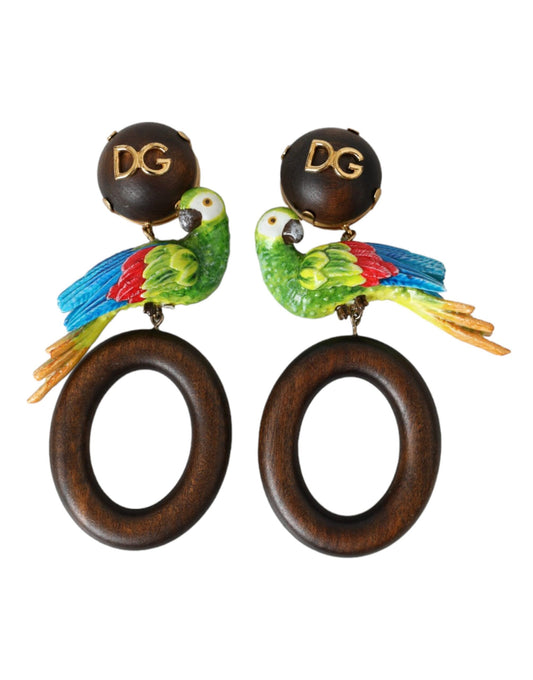 Dolce & Gabbana Multicolor Parrot Wood Brass Crystal Embellished Earring