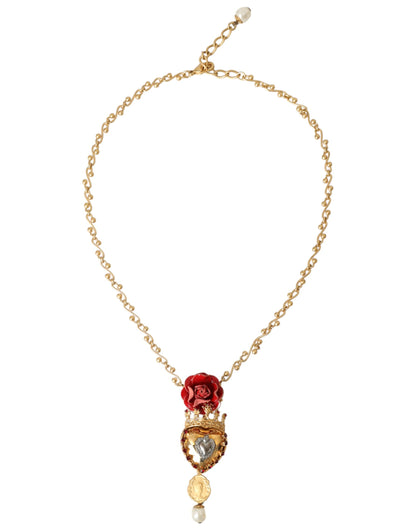 Dolce &amp; Gabbana – Halskette mit Rosen-Anhänger „Sacred Heart“ aus goldener Messingkette mit Kristallen