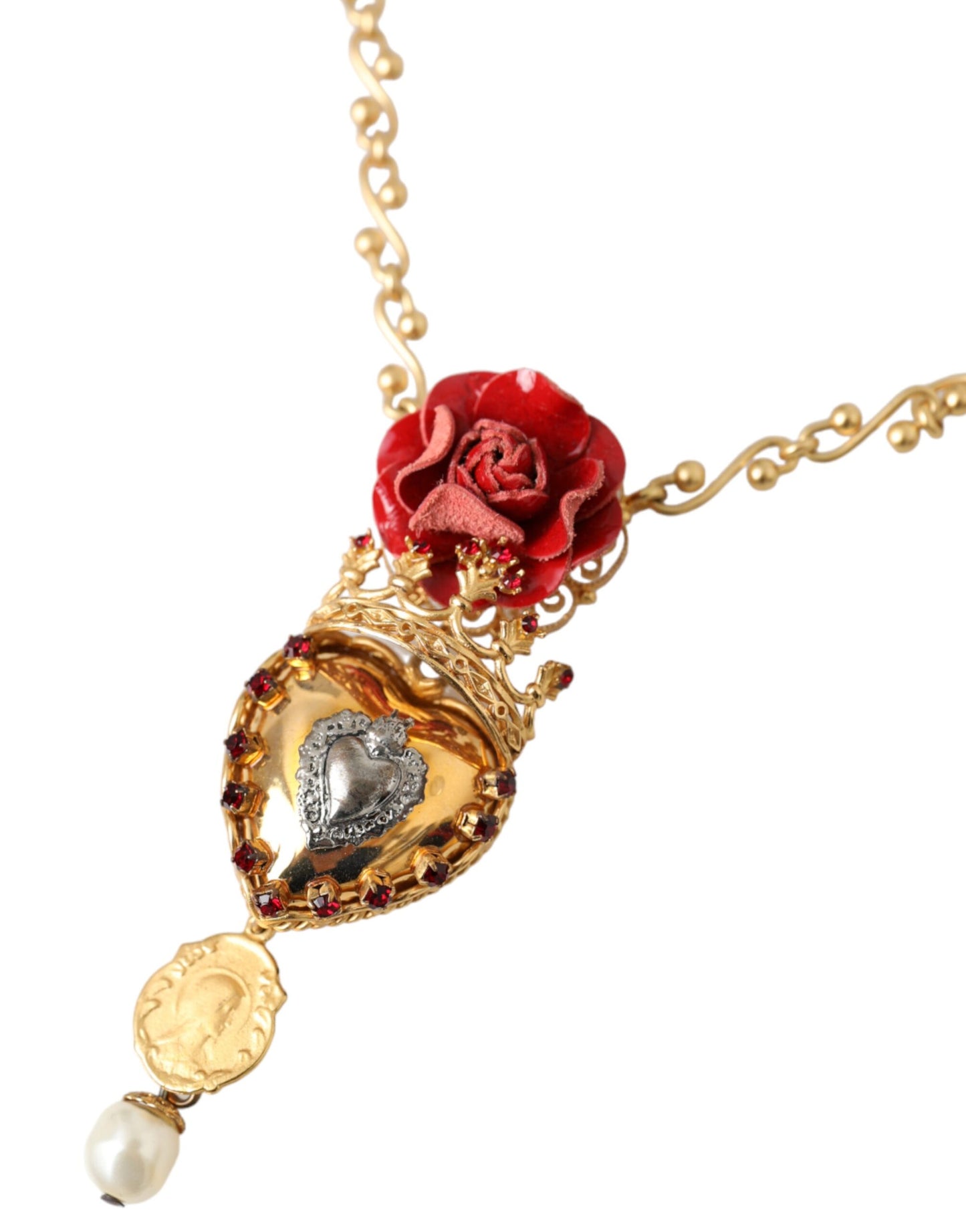 Dolce &amp; Gabbana – Halskette mit Rosen-Anhänger „Sacred Heart“ aus goldener Messingkette mit Kristallen