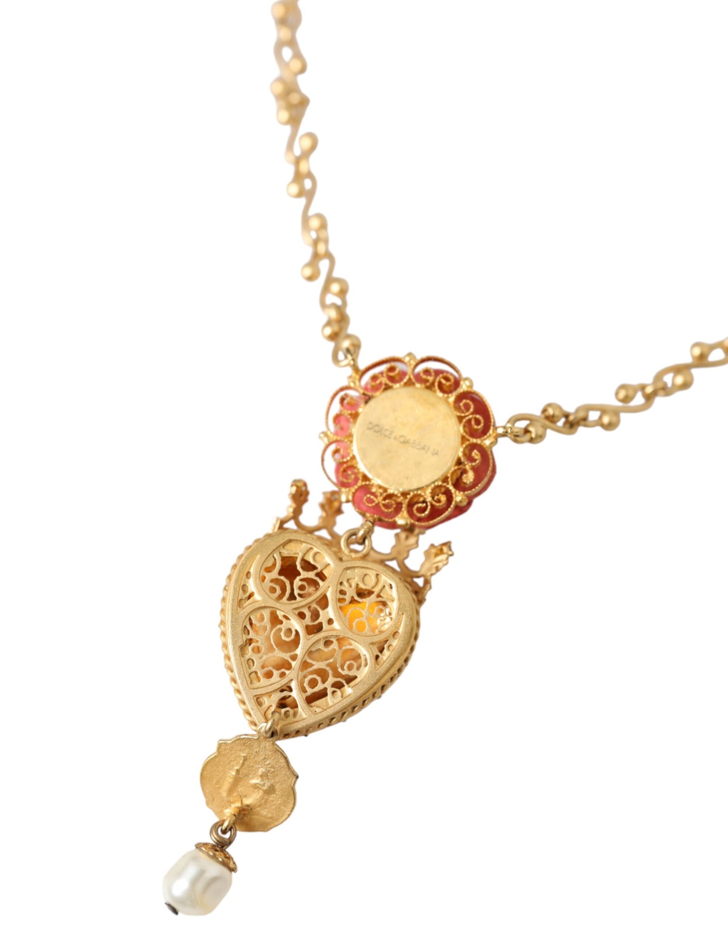 Dolce &amp; Gabbana – Halskette mit Rosen-Anhänger „Sacred Heart“ aus goldener Messingkette mit Kristallen