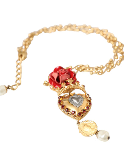 Dolce &amp; Gabbana – Halskette mit Rosen-Anhänger „Sacred Heart“ aus goldener Messingkette mit Kristallen