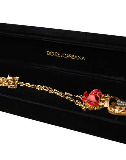 Dolce &amp; Gabbana – Halskette mit Rosen-Anhänger „Sacred Heart“ aus goldener Messingkette mit Kristallen