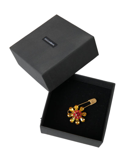 Dolce &amp; Gabbana Brosche aus goldenem Messing mit Blumen- und Kristallschmuck