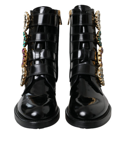 Dolce &amp; Gabbana – Stiefel mit Kristallschnallen aus schwarzem Leder