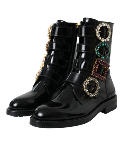 Dolce &amp; Gabbana – Stiefel mit Kristallschnallen aus schwarzem Leder