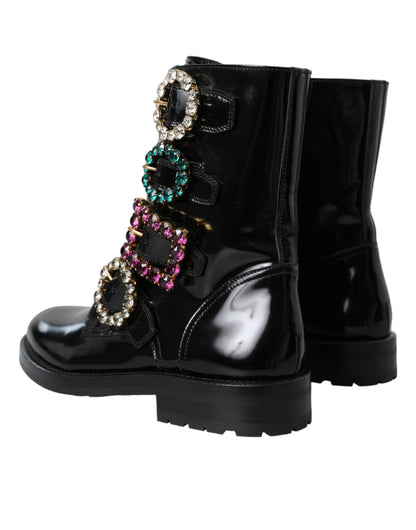 Dolce &amp; Gabbana – Stiefel mit Kristallschnallen aus schwarzem Leder