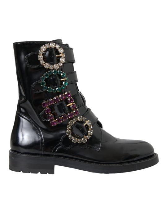 Dolce &amp; Gabbana – Stiefel mit Kristallschnallen aus schwarzem Leder