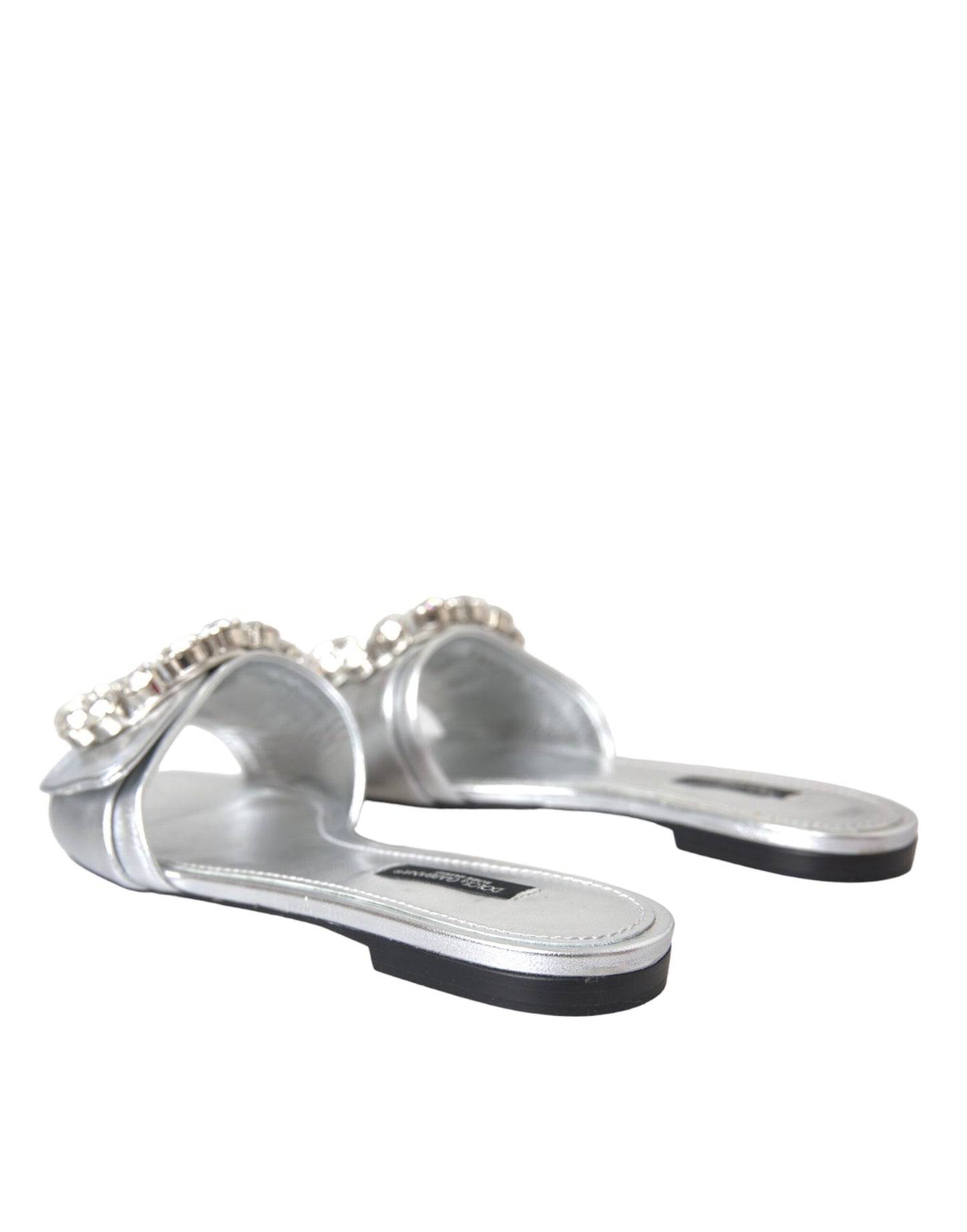 Dolce &amp; Gabbana Silber Kristall Leder Flache Sandalen Schuhe